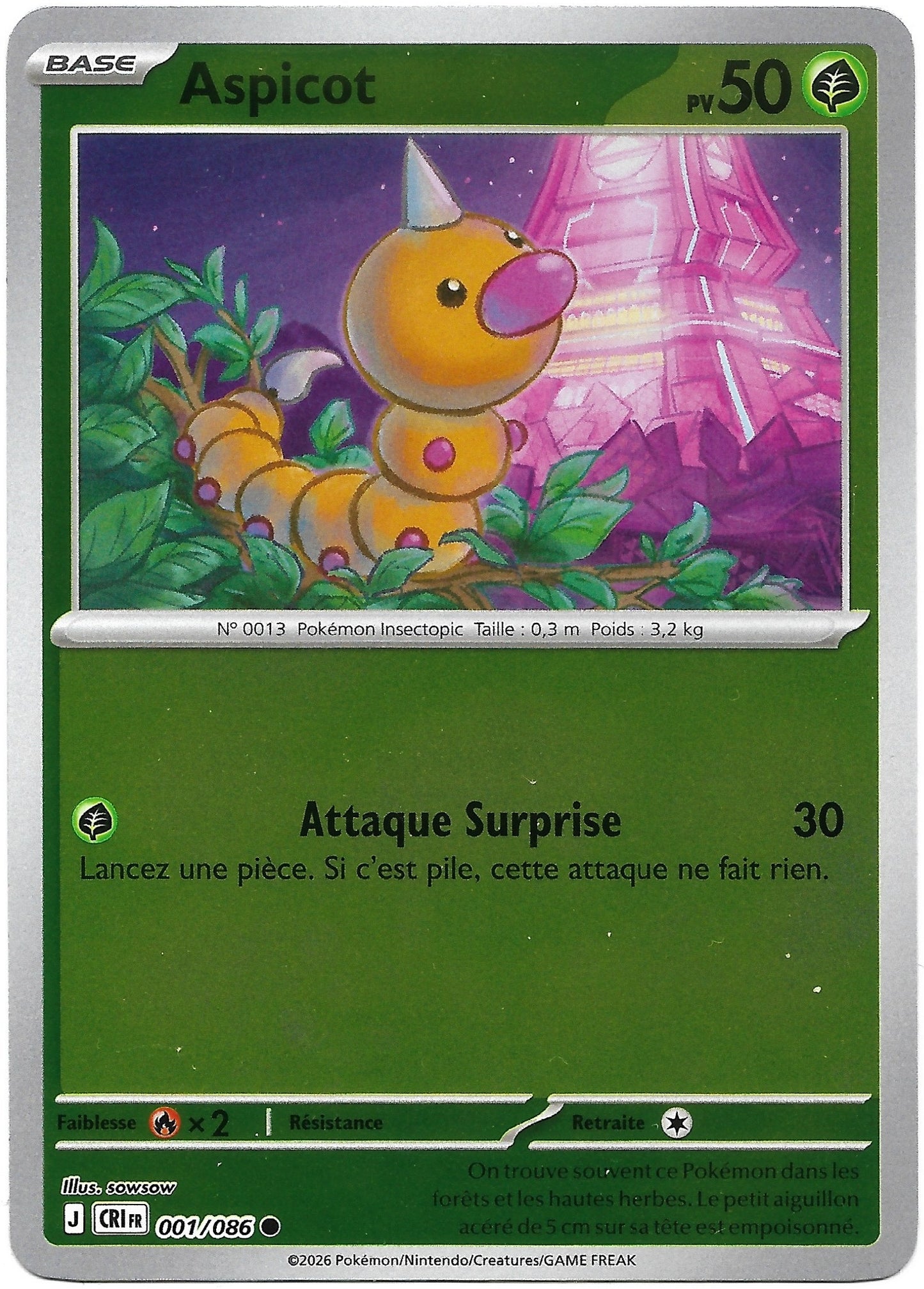Carte Pokémon Aspicot n°1/86 Reverse Holo, extension Méga-Évolution Chaos Ascendant, version française