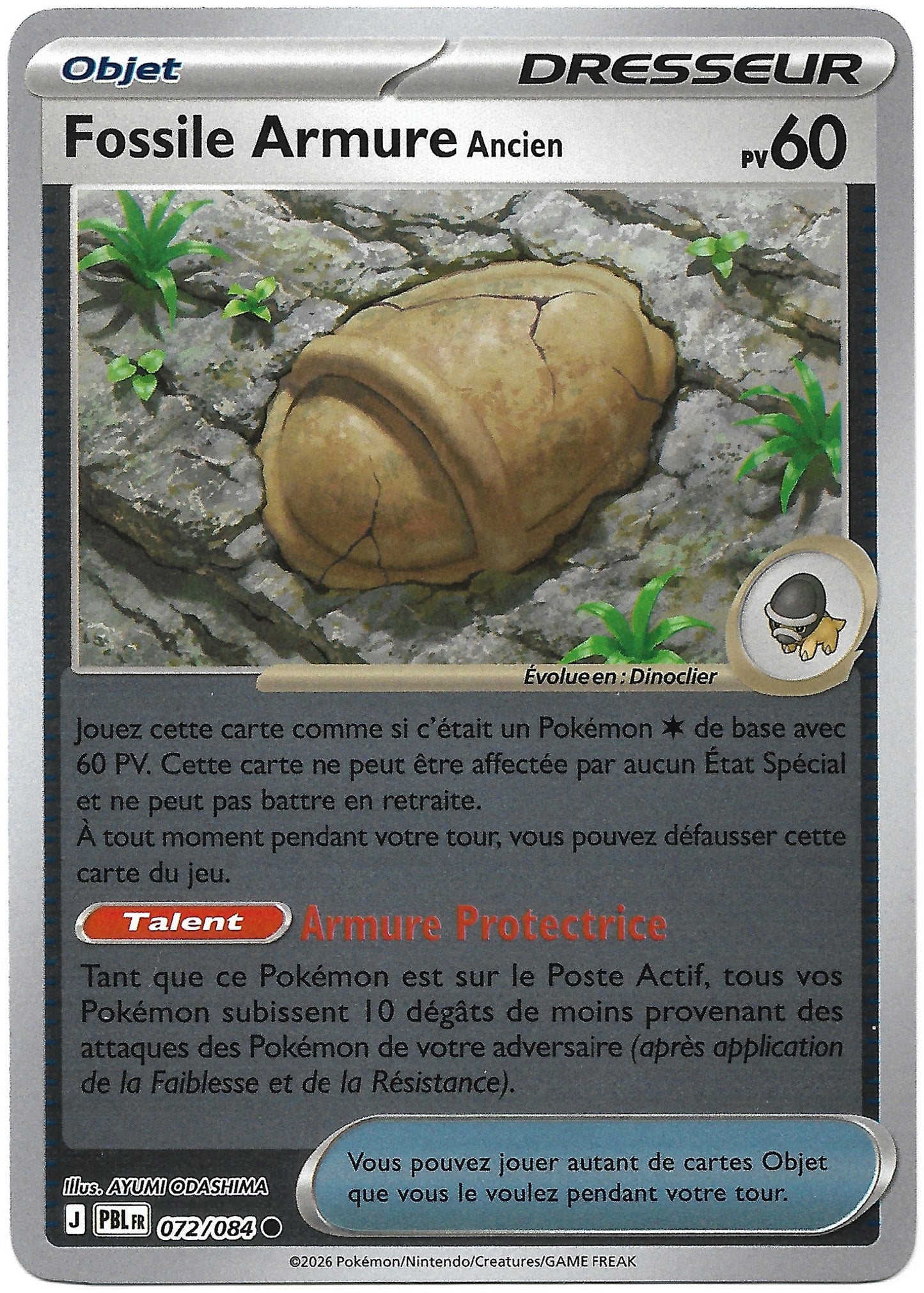 Carte Dresseur Pokémon Fossile Armure Ancien n°72/84 Reverse Holo, extension Méga-Évolution Nuit Noire, version française