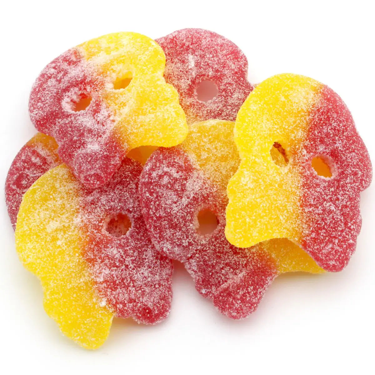 Crânes BUBS Big Sour rouges et jaunes avec enrobage sucré acidulé, vendus en vrac