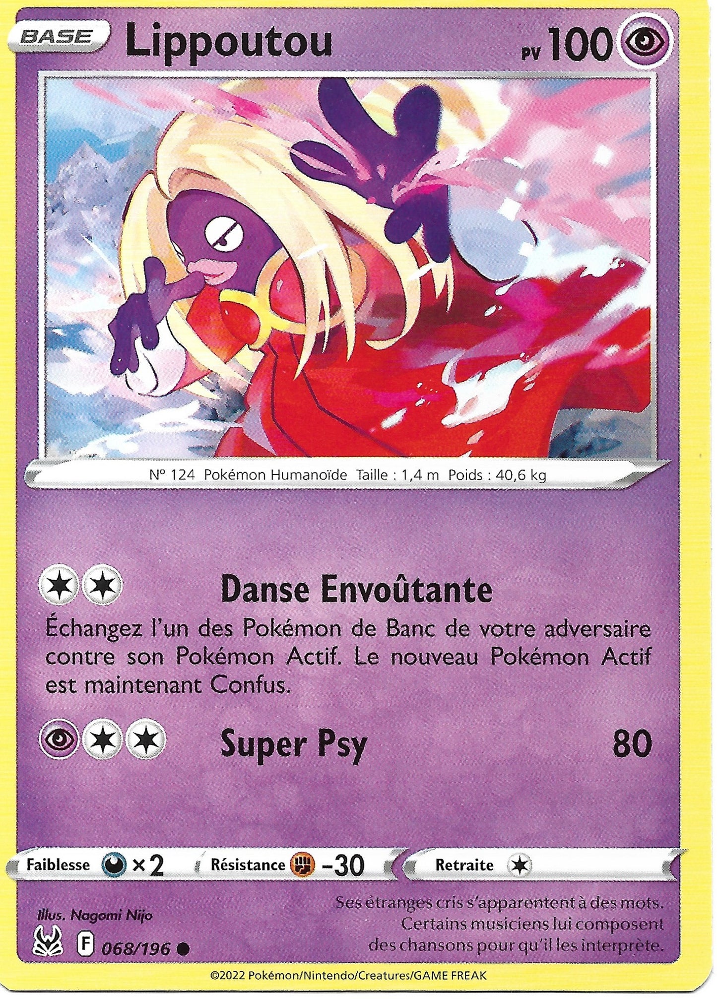 Carte Pokémon Lippoutou n°68/196, extension Épée et Bouclier Origine Perdue, version française