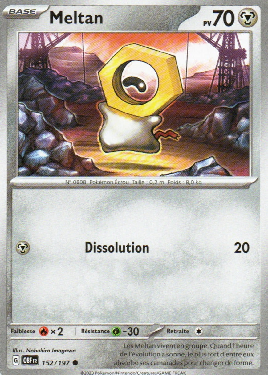 Carte Pokémon Meltan n°152/197, extension Écarlate et Violet – Flammes Obsidiennes, version française